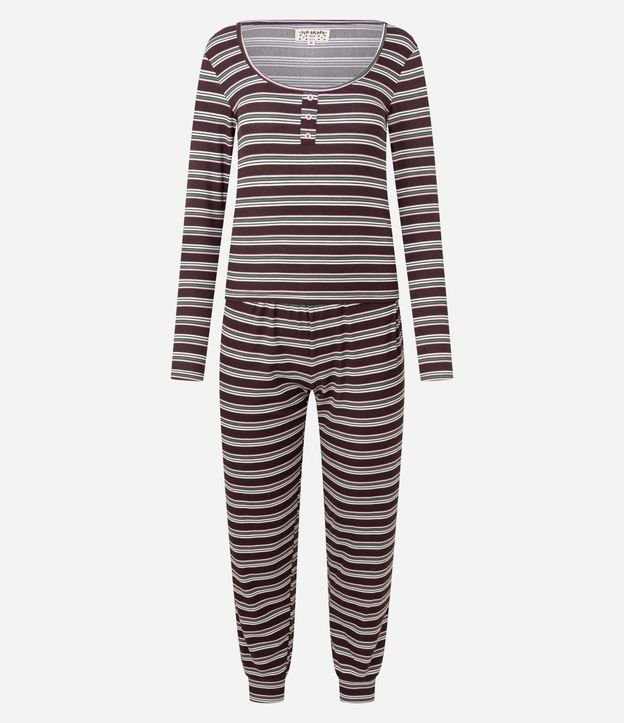 Pijama Largo en Rib con Estampado Rayada 4