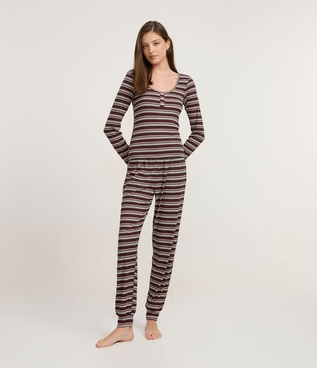 Pijama Largo en Rib con Estampado Rayada
