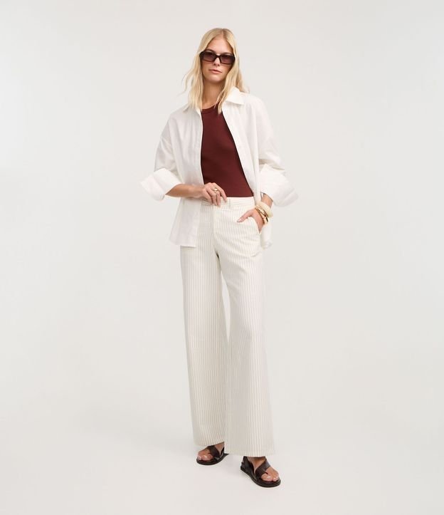 Pantalón Wide Leg Rayada en Sarga con Bolsillos