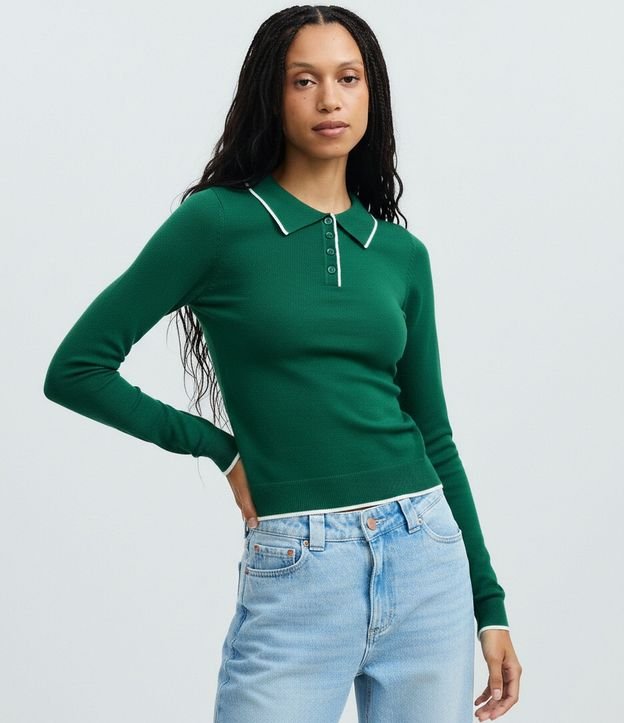 Blusa en Punto con Cuello Polo y Detalle Contrastante 1