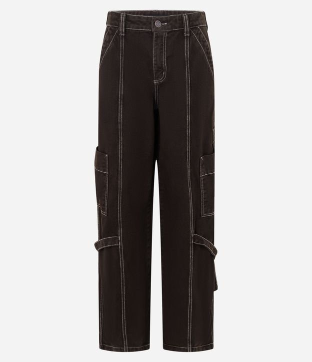 Pantalón Baggy en Sarga con Bolsillos Cargo y Costura Aparente