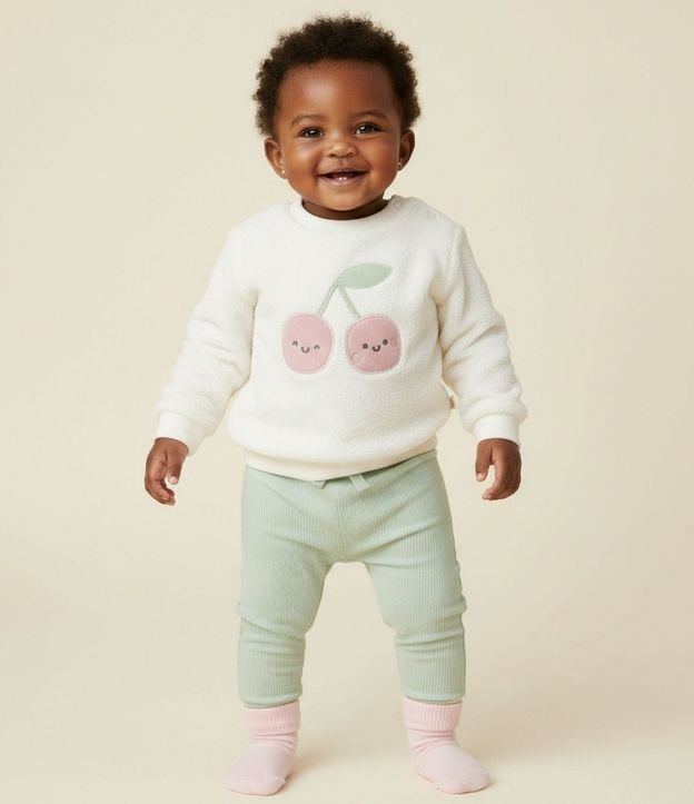 Conjunto Infantil con Bordado de Cerezas y Pantalón Acanalada – Talle 0 a 18 Meses