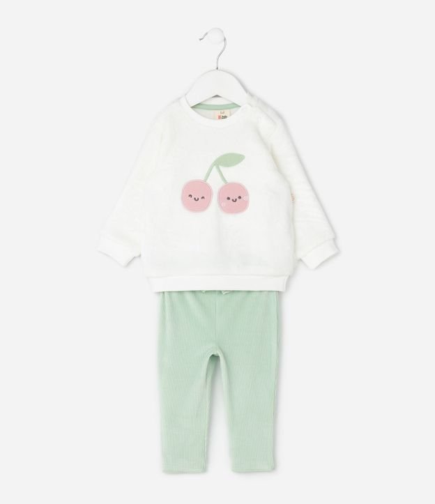 Conjunto Infantil con Bordado de Cerezas y Pantalón Acanalada – Talle 0 a 18 Meses 2