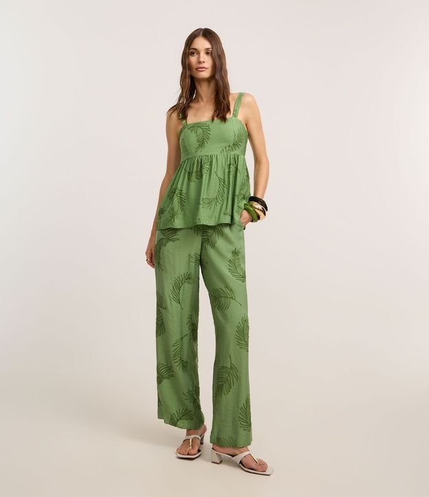 Pantalón Wide Leg en Viscosa con Bordado Follaje