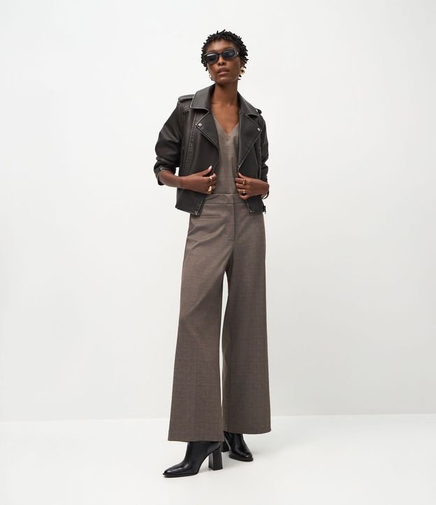 Pantalón Wide Leg en Punto Roma con Estampado de Cuadros 1