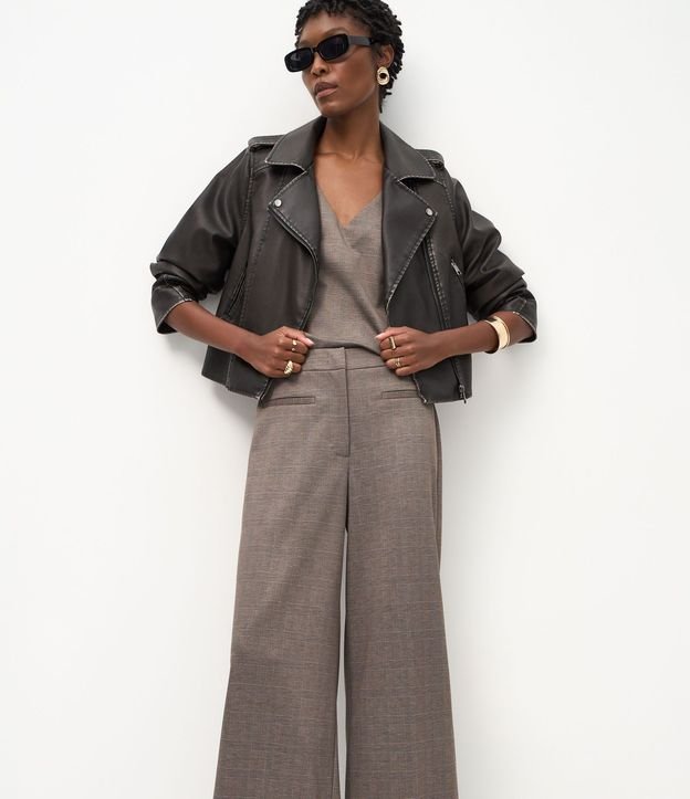 Pantalón Wide Leg en Punto Roma con Estampado de Cuadros 2
