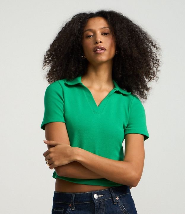 Blusa en Rib con Cuello Polo y Manga Corta