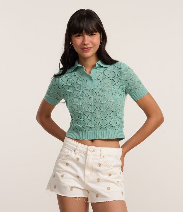 Blusa en Punto con Mix de Puntos y Cuello Polo