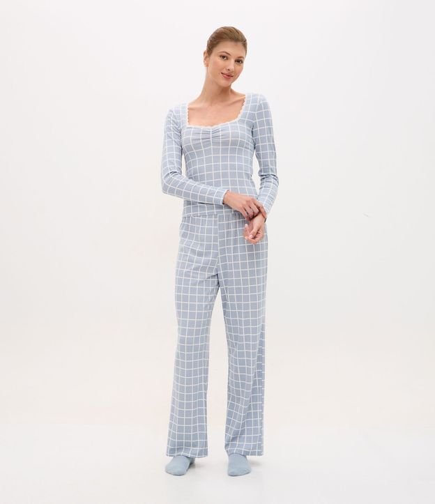 Pijama Largo en Rib de Cuadros con Escote de Encaje