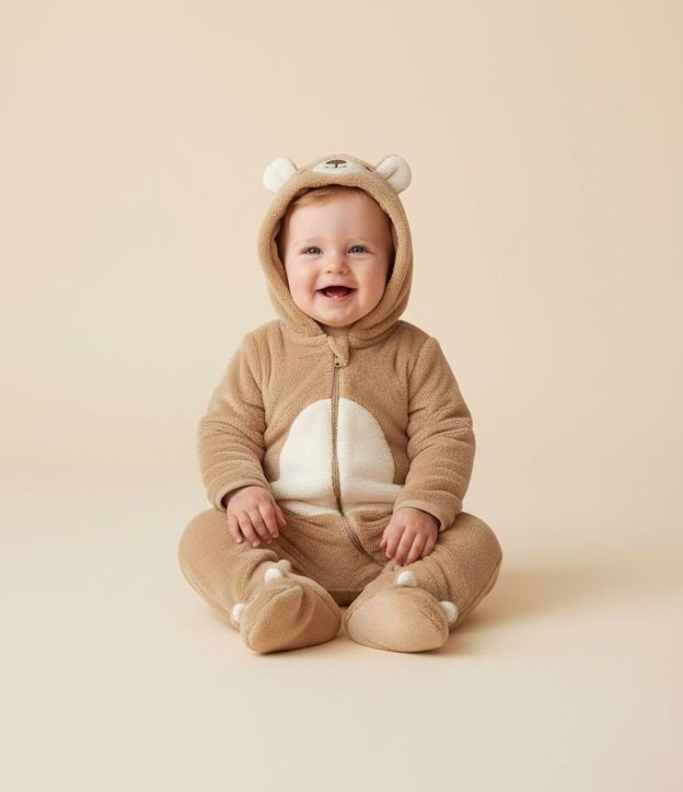 Enterito Infantil en Plush con Capucha de Oso – Talle 0 a 18 Meses