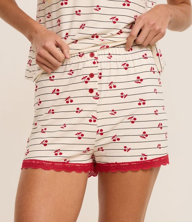 Short de Pijama en Viscosa Rayada con Cerezas y Encaje 2