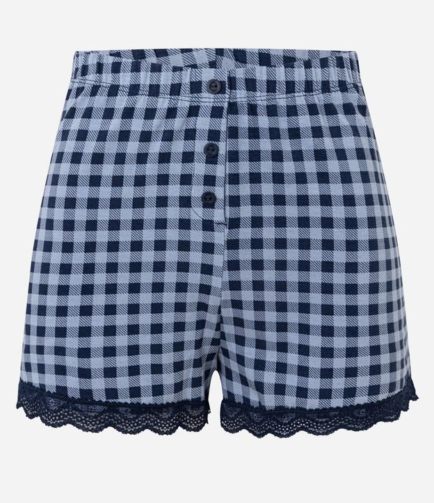 Short de Pijama en Viscosa de Cuadros con Encaje en el Ruedo