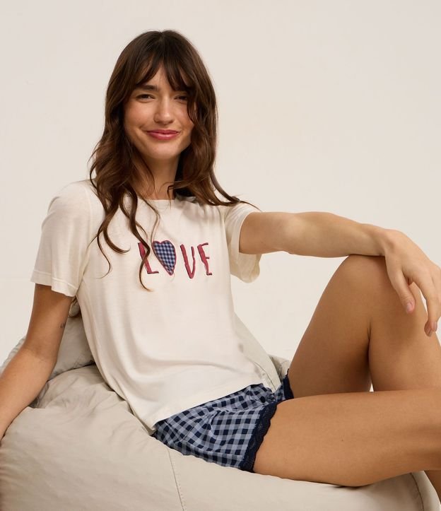 Short de Pijama en Viscosa de Cuadros con Encaje en el Ruedo