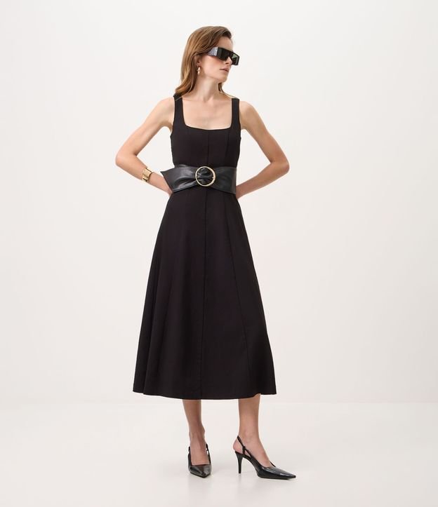 Vestido Evasê Midi en Viscosa con Escote Cuadrado y Recortes