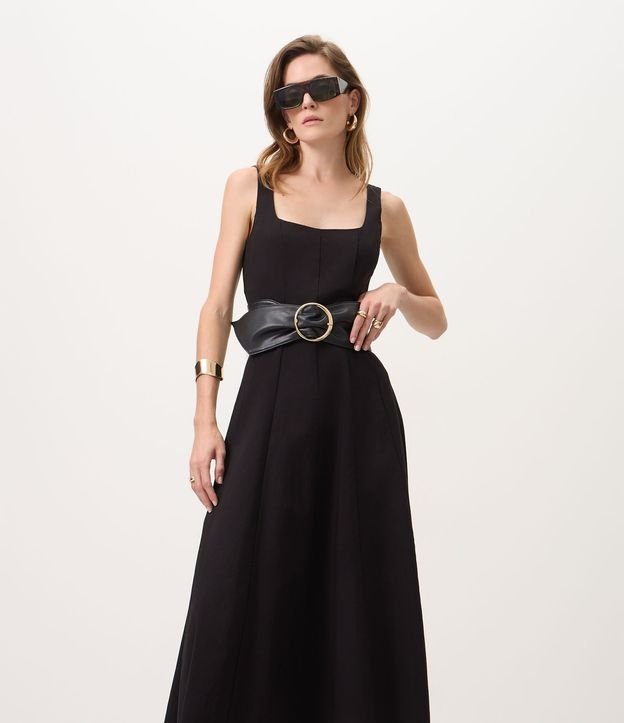 Vestido Evasê Midi en Viscosa con Escote Cuadrado y Recortes 2