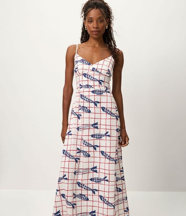 Vestido Midi con Tirantes Finos y Estampa de Peces