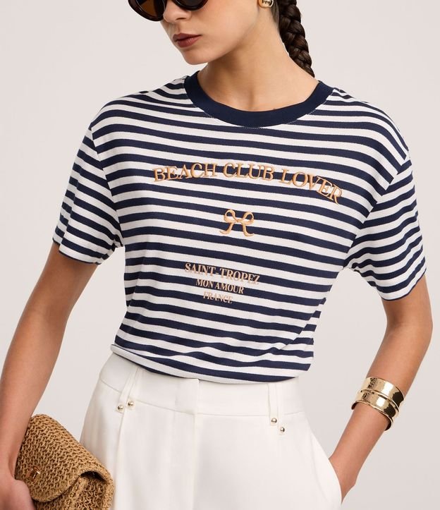 Blusa Slim en Algodón con Rayas y Bordado Beach Club 6