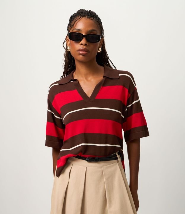 Blusa en Punto con Cuello Polo y Estampado Rayada 2