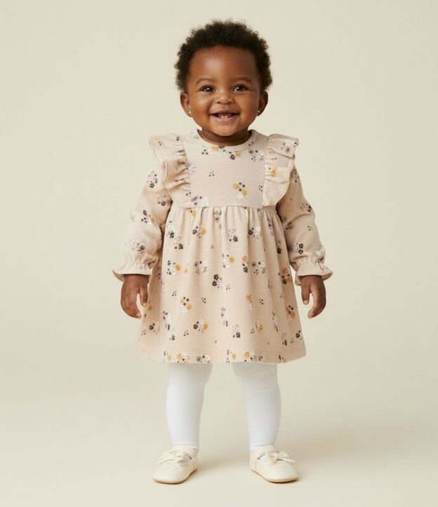 Vestido Infantil en Rib Floral con Volado y Media Can Can – Talle 0 a 18 Meses