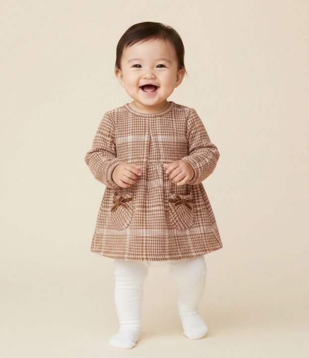 Vestido Infantil Manga Larga de Cuadros con Media-Pantalón – Talle 0 a 18 Meses 1