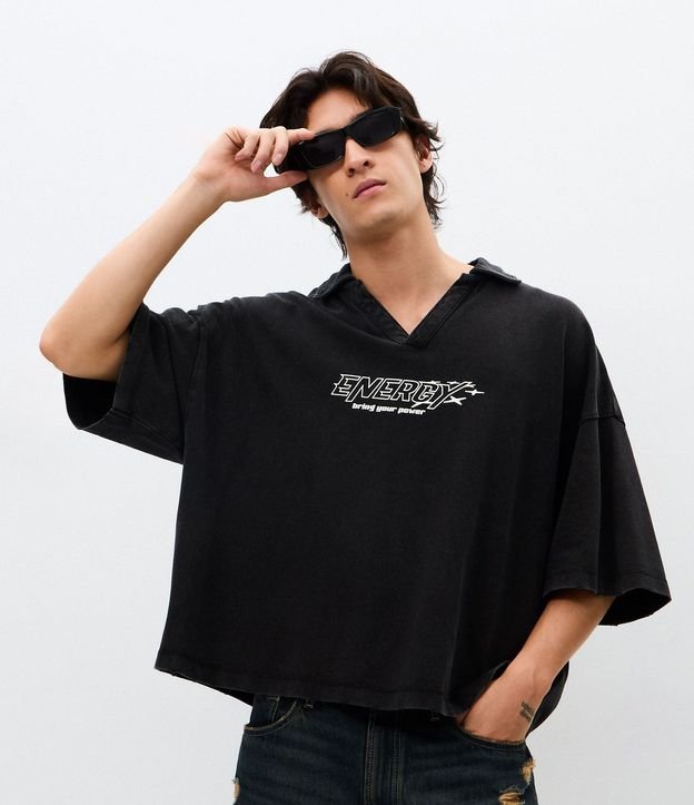 Remera Overboxy en Piquet con Cuello Polo y Lettering Energy 4
