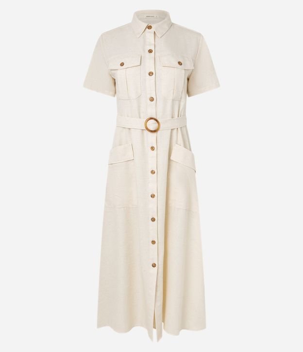 Vestido Midi Manga Corta en Sarga con Bolsillos Utilitários 5