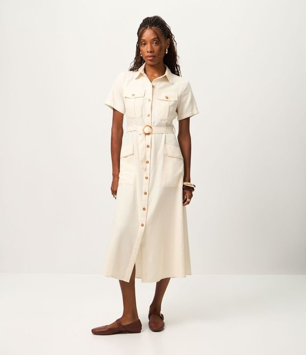 Vestido Midi Manga Corta en Sarga con Bolsillos Utilitários 2