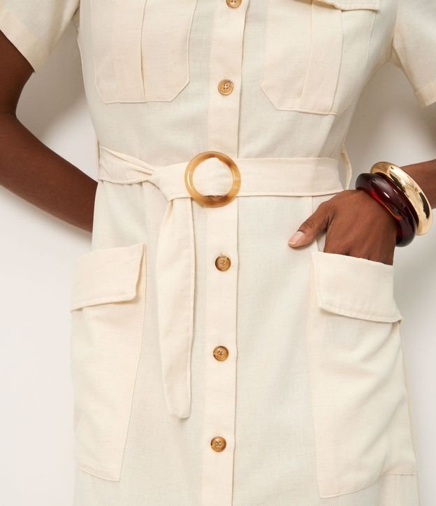 Vestido Midi Manga Corta en Sarga con Bolsillos Utilitários 4