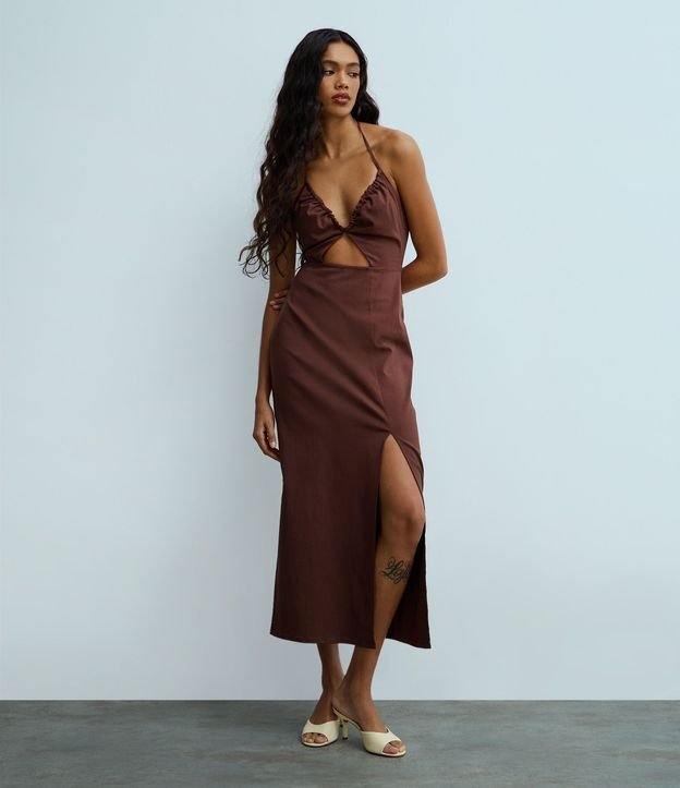 Vestido Midi con Escote V y Busto Fruncido