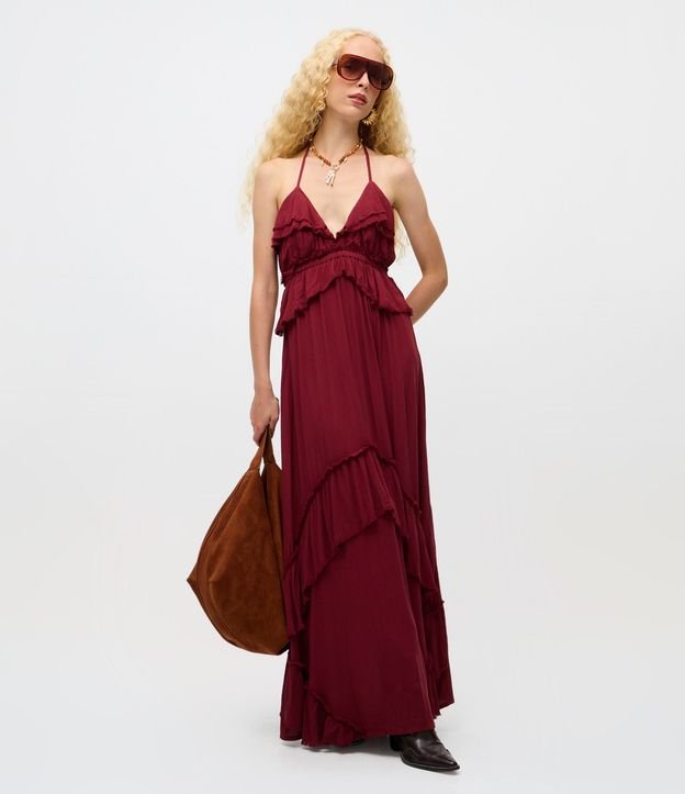 Vestido Largo con Volados y Escote en V en Viscosa