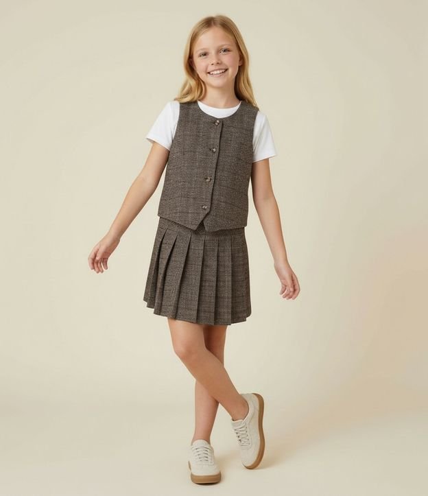 Pollera Infantil Sastre de Cuadros Plissada con Botón Lateral – Talle 5 a 14 años