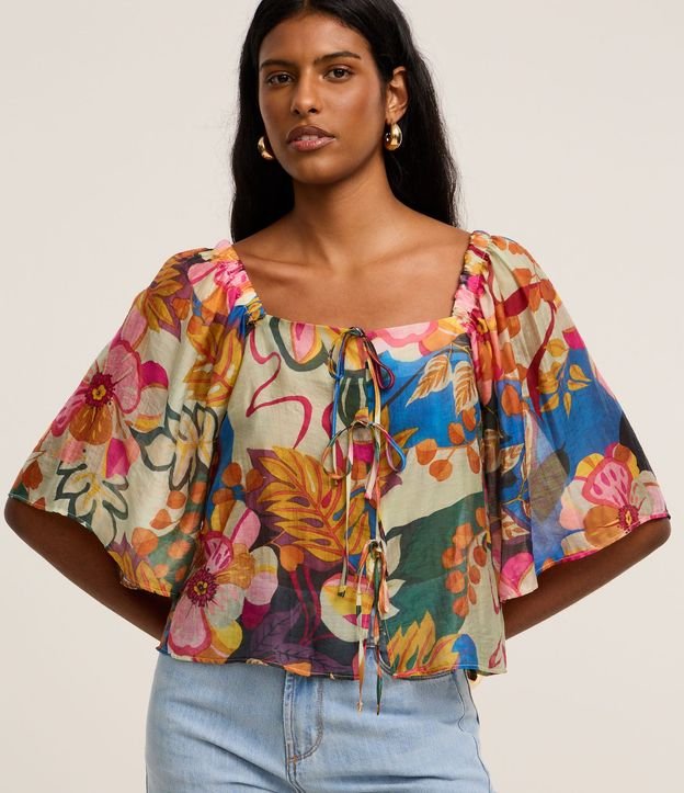 Blusa en Chiffon con Manga Godê y Estampa Floral