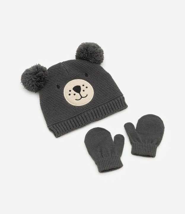 Conjunto Infantil Gorro y Guantes en Punto con Cara de Osito – Talle 0 a 12 Meses