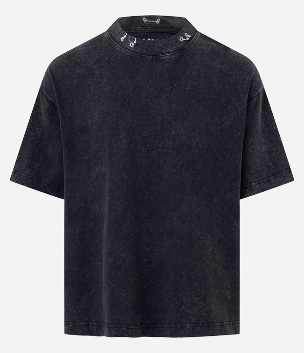 Remera en Algodón con Estampado Lettering Piercing y Cuello alto