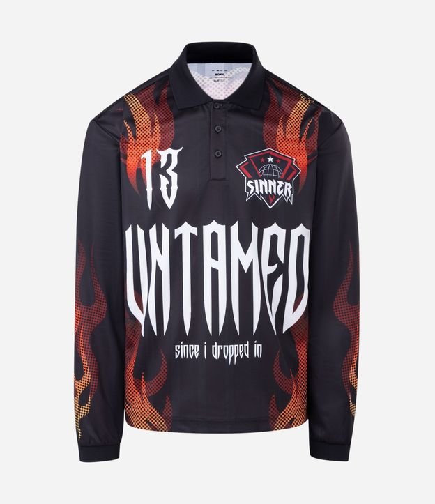 Remera Boxy Manga Larga Estampado Chamas y Lettering Sinner 5