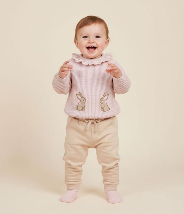 Blusa Infantil en Punto con Cuello Volado y Bordado de Conejo – Talle RN a 18 Meses