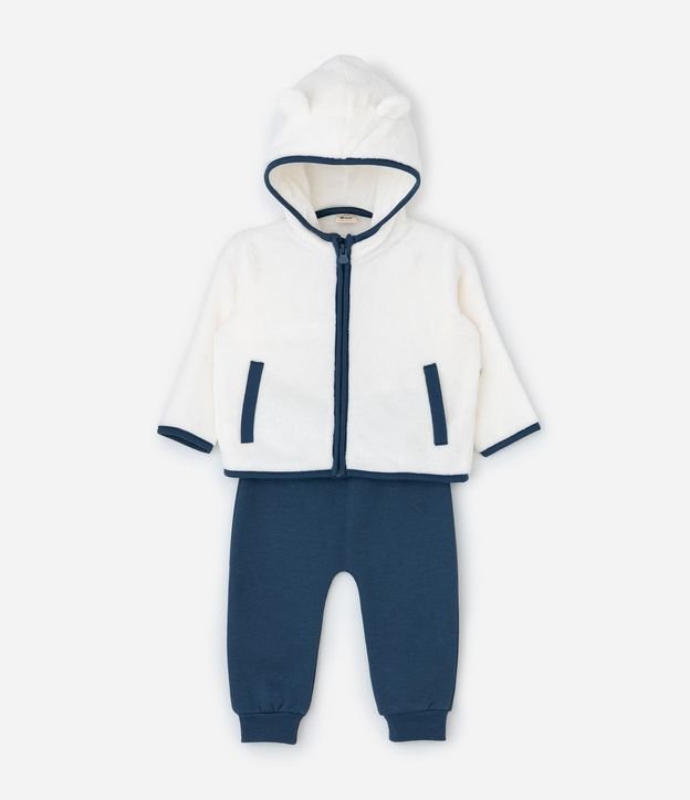 Conjunto Infantil Saco con Capucha y Pantalón Bordado de Oso – Talle 0 a 18 Meses