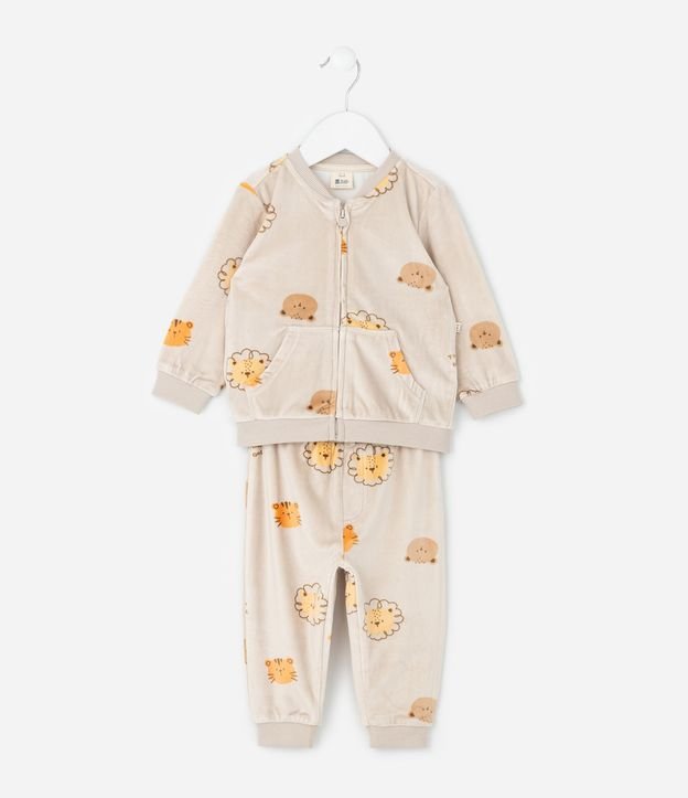 Conjunto Bebé Saco y Pantalón con Caritas de Animales  – Talle 0 a 24 Meses