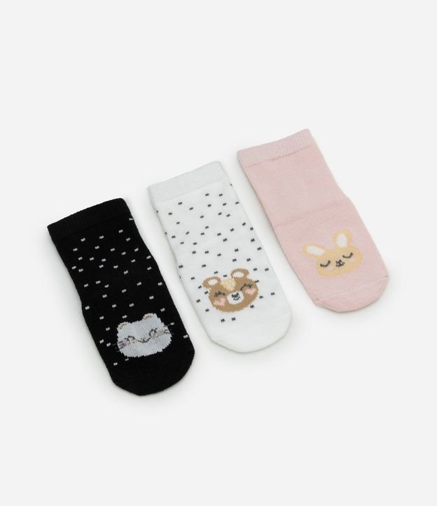 Kit 03 Medias Infantil con Estampa Cara de Bicho – Talle RN a 12 Meses