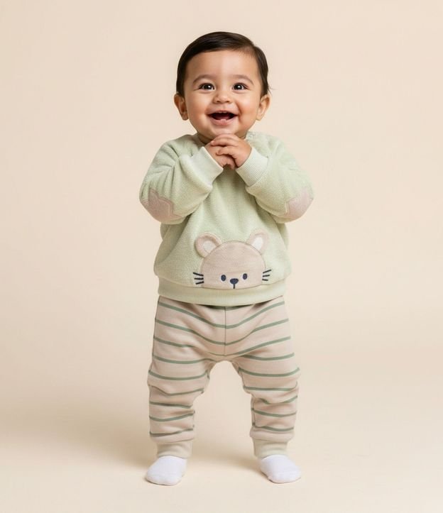 Conjunto Infantil con Buzo de Ratoncito y Pantalón Rayado – Talle 0 a 18 Meses 1