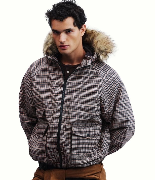 Campera Masculina Pesada de Cuadros con Capucha de Pelo