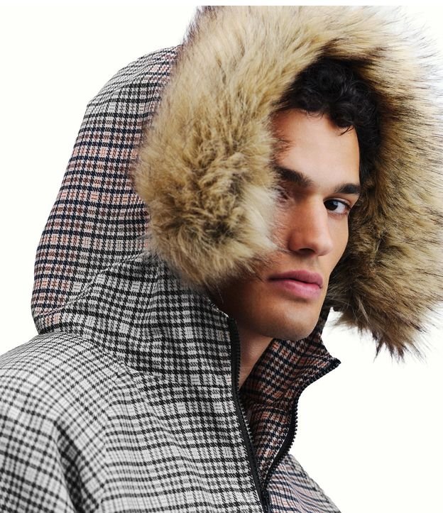 Campera Masculina Pesada de Cuadros con Capucha de Pelo 2