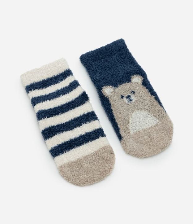 Kit 02 medias Infantil en Chenille con Rayas y Animal – Talle 0 a 12 Meses