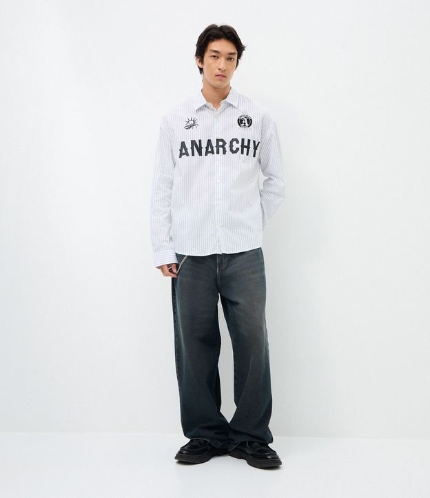 Camisa Manga Larga en Algodón Rayada con Lettering Anarchy 2