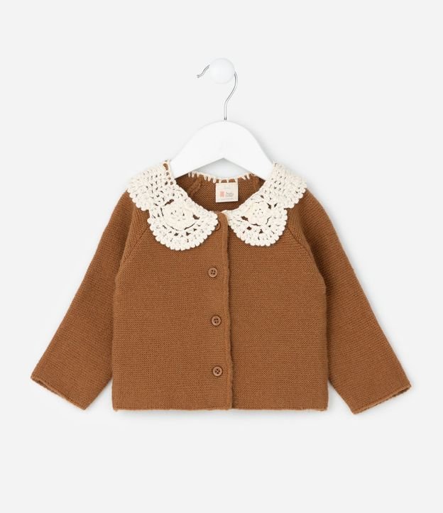 Cardigan Infantil en Punto con Cuello de Encaje - Talle 0 a 18 Meses