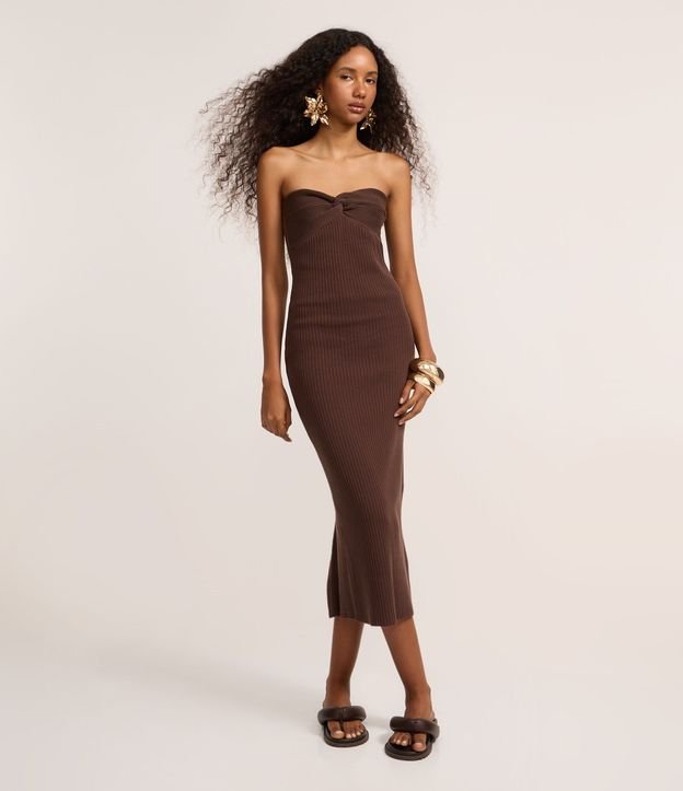 Vestido New Midi Sin Breteles en Punto con Torcido en el Busto