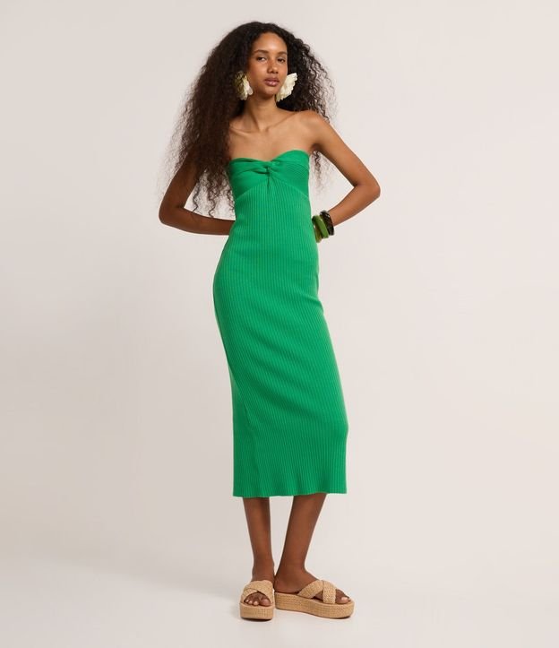 Vestido New Midi Sin Breteles en Punto con Torcido en el Busto