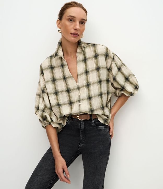 Blusa Manga 3/4 en Viscosa con Estampa de Cuadros