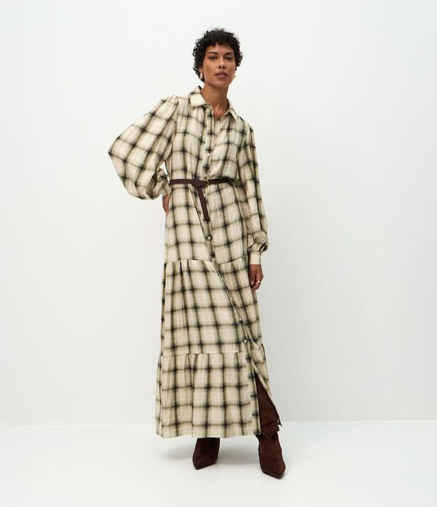 Vestido Long Midi en Viscosa de Cuadros con Cinturón