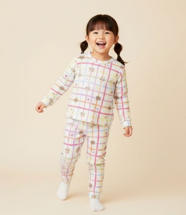 Pijama Infantil Estampa Cuadrículada Flores y Gatito – Talle 2 a 6 años
